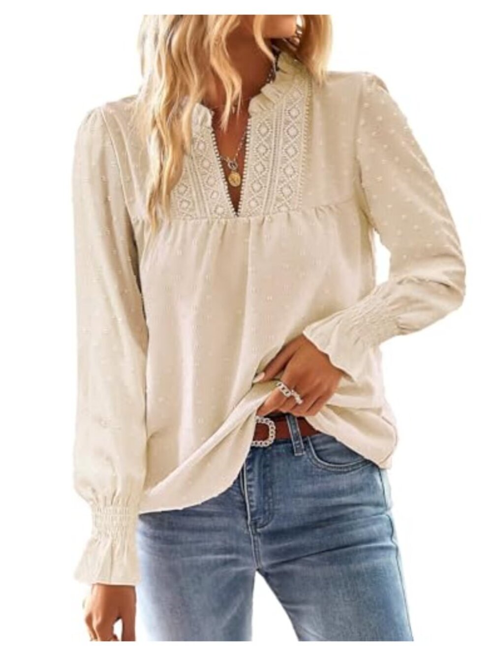 Womens Boho Flowy V-Neck Crochet Lace Long Sleeve Blouse Top